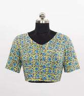 Yellow Floral Block Print Blouse With V Neck & Front Open-RB5226