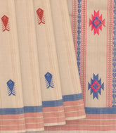 Sandal Handwoven Tussar Silk Saree With Fish & Bird Motifs in Body & Pallu-Sandal