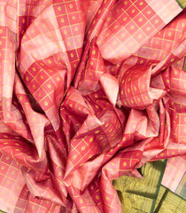 Peach Handloom Korvai Natural Dyed Silk Saree With Gradient Checks & Japanese Wave Border - KA12631