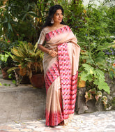 Light Peach Woven Art Tussar Saree With Contrast Checks Border