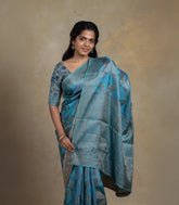 Cyan Woven Synthetic Tussar Silk Saree With Floral Motifs-BL4682