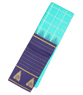 Turquoise Handloom Korvai Kanchipuram Silk Saree With Checks & Contrast Border-KA13377