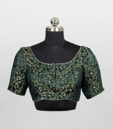 Dark Green Blended Silk Readymade Saree Blouse with Floral Paisley Zari Weave-RB5287