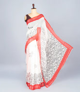 White Woven Art Linen Saree With Printed Floral Motifs & Red Border-BL4634
