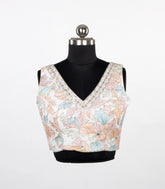 Off-White Floral Thread work Embroidered Sleeveless Saree Blouse with Deep V-Back -RB5279