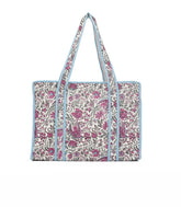 Cream Bagru Printed Handmade Cotton Quilted Tote Bag With Zipper-ACS1044