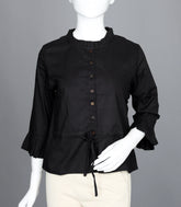 Black Ruffled-Neck Top with Waist Tie-RB5237