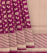 Purple Handwoven Benares Silk Saree With Zari checks and Peacock, Yazhi Elephant Motifs