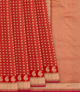Red Handwoven Benarasi Jamdhani Saree With Chakaram Motifs in Checks With Mango Motifs in Pallu-Red