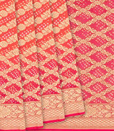 Hot Pink Handloom Banarasi Bandhani Khaddi Georgette Saree With Floral Chevron Motifs-Hot Pink