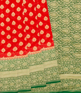 Red Handloom Banarasi Khaddi Georgette Saree With Floral Motifs & Green Border-Red
