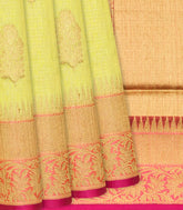 Yellow Handloom Banarasi Linen Saree With Floral Zari Buttas-Yellow