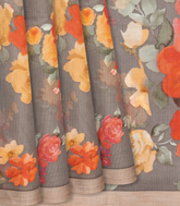 Grey Woven Kota Silk Saree With Printed Floral Motif-Grey