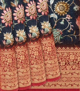 Black Woven Chanderi Viscose Printed Saree With Floral Vine Motifs-Black