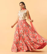 Embroidered Crop Top With Floral Printed Lehenga Skirt