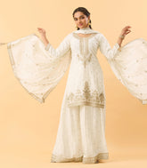 White And Gold Zari Embroidered Sharara Set