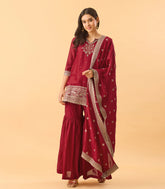 Deep Red Embroidered Festive Sharara Set