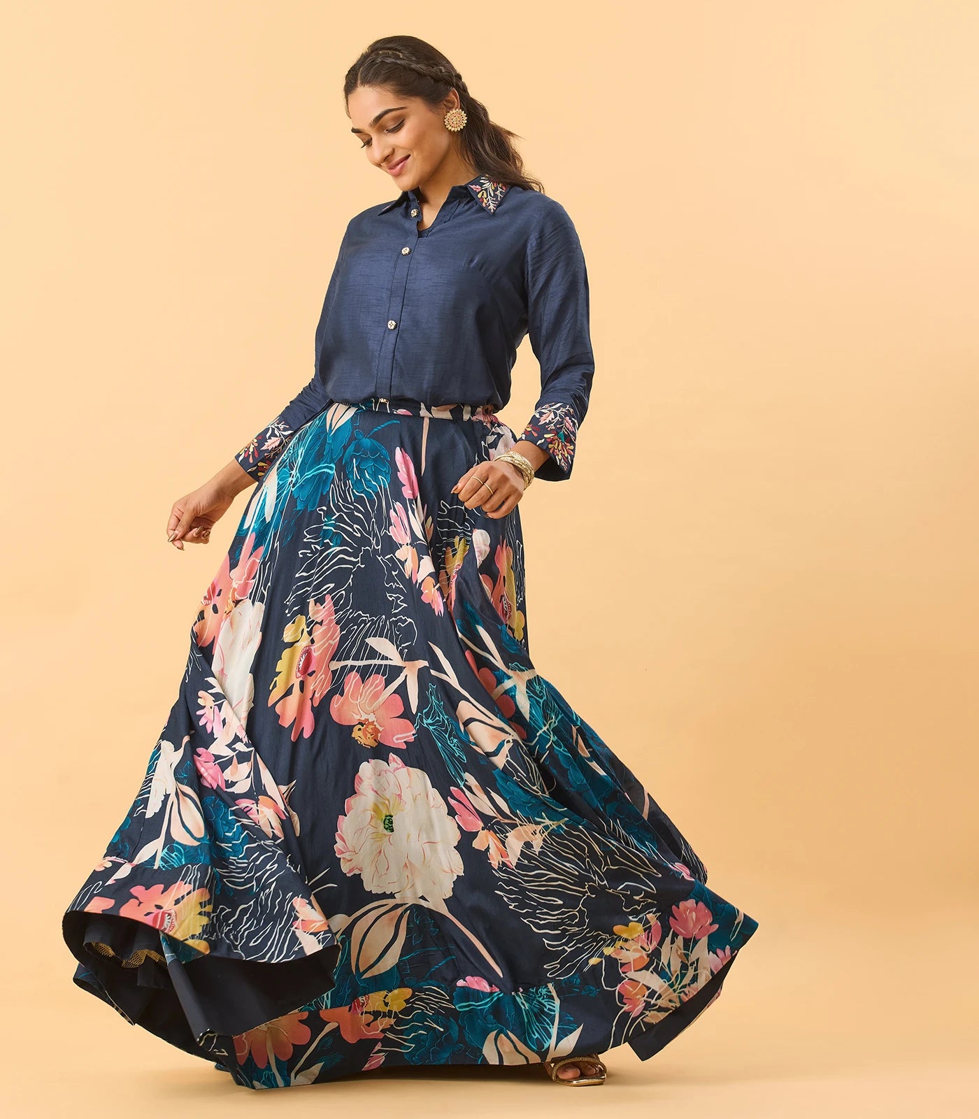 Collared Navy Blue Top with Floral Printed Skirt – RmKV Silks