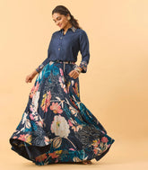 Collared Navy Blue Top with Floral Printed Skirt