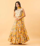 Bright Yellow Floral Print Skirt With Embellished Top