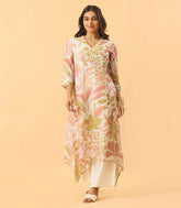 Co-Ord White And Green Floral Printed Kurta Set