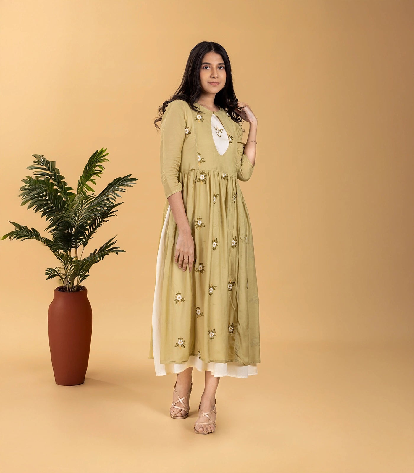 Sage green and Off white embroidered Dress-DR0113 Sage green and Off white embroidered Dress-DR0113