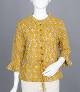 Yellow Floral Print Ruffled-Neck Top with Tie-Up-RB5234