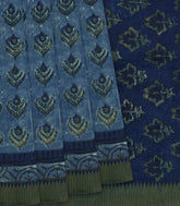 Blue Handloom Printed Chanderi Cotton Saree With Floral Motifs-Blue