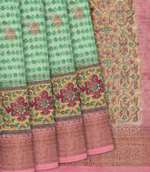 Light Green Chanderi Cotton Saree Printed With Floral Motifs & Buttas-Light Green