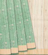 Cardamom Green Handloom Tussar Silk Saree With Printed Floral Motifs & Beige Border-Cardamom Green