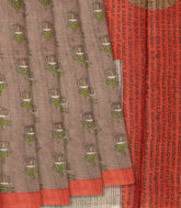 Taupe Handloom Tussar Silk Saree With Printed Lotus Motifs -Taupe
