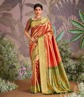 Red Handloom Tissue Silk Saree With Betel Vine Motifs