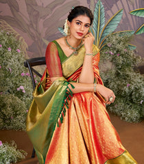 Red Handloom Tissue Silk Saree With Betel Vine Motifs