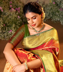 Red Handloom Tissue Silk Saree With Betel Vine Motifs