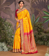 Mango Yellow Handloom Korvai Silk Saree With Meena Lotus Buttas