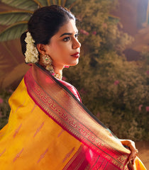 Mango Yellow Handloom Korvai Silk Saree With Meena Lotus Buttas