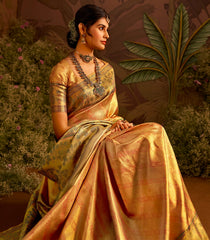 Gold Handloom Tissue Silk Saree With Floral Vine Motifs