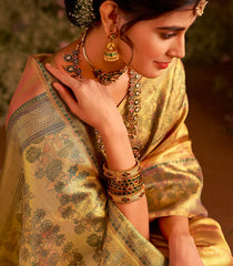 Gold Handloom Tissue Silk Saree With Floral Vine Motifs