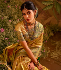 Gold Handloom Tissue Silk Saree With Floral Vine Motifs