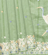 Cardamom Green Blended Dupion Saree With Embroidered Meena Motifs-Cardamom Green