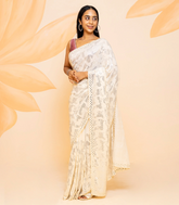 Cream Blended Cotton Saree Embroidered With Sequin Motifs-Cream