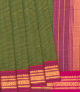 Dark Green Handloom Gadwal Cotton Saree With Stripes-Dark Green