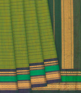 Green Handloom Gadwal Cotton Saree With Stripes-Green