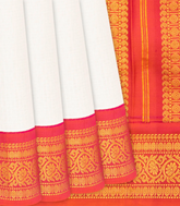 White Handloom Gadwal Silk Cotton Saree With Red Border-White
