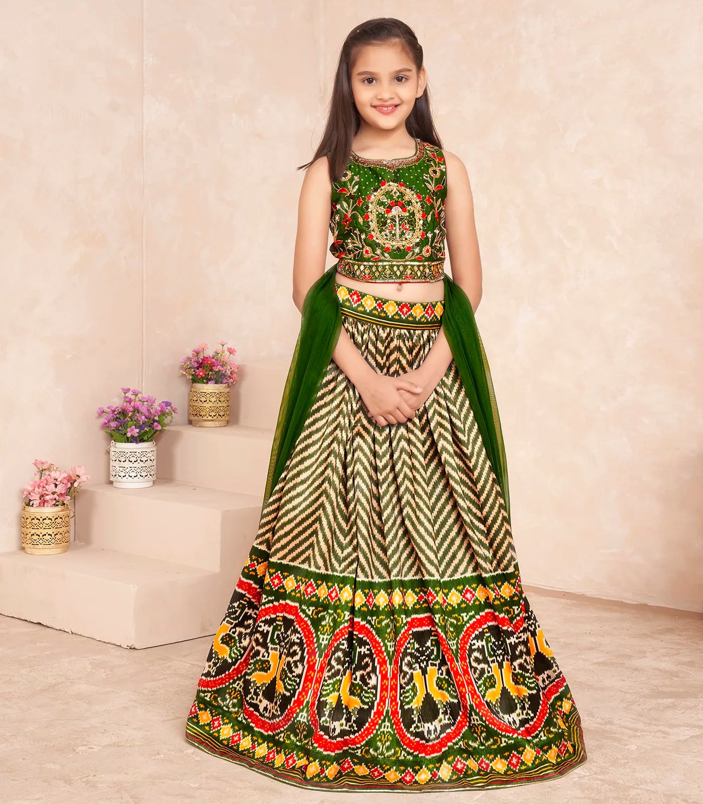 Olive green embroidered festive lehenga set RmKV Silks