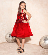 Deep red party wear frock with rose applique-Red-14