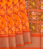 Orange Handwoven Rajkot Patola Silk Saree With Parrot and Elephant Motifs On Pallu