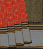 Rust Handloom Single Ikat Saree With Checks-Rust