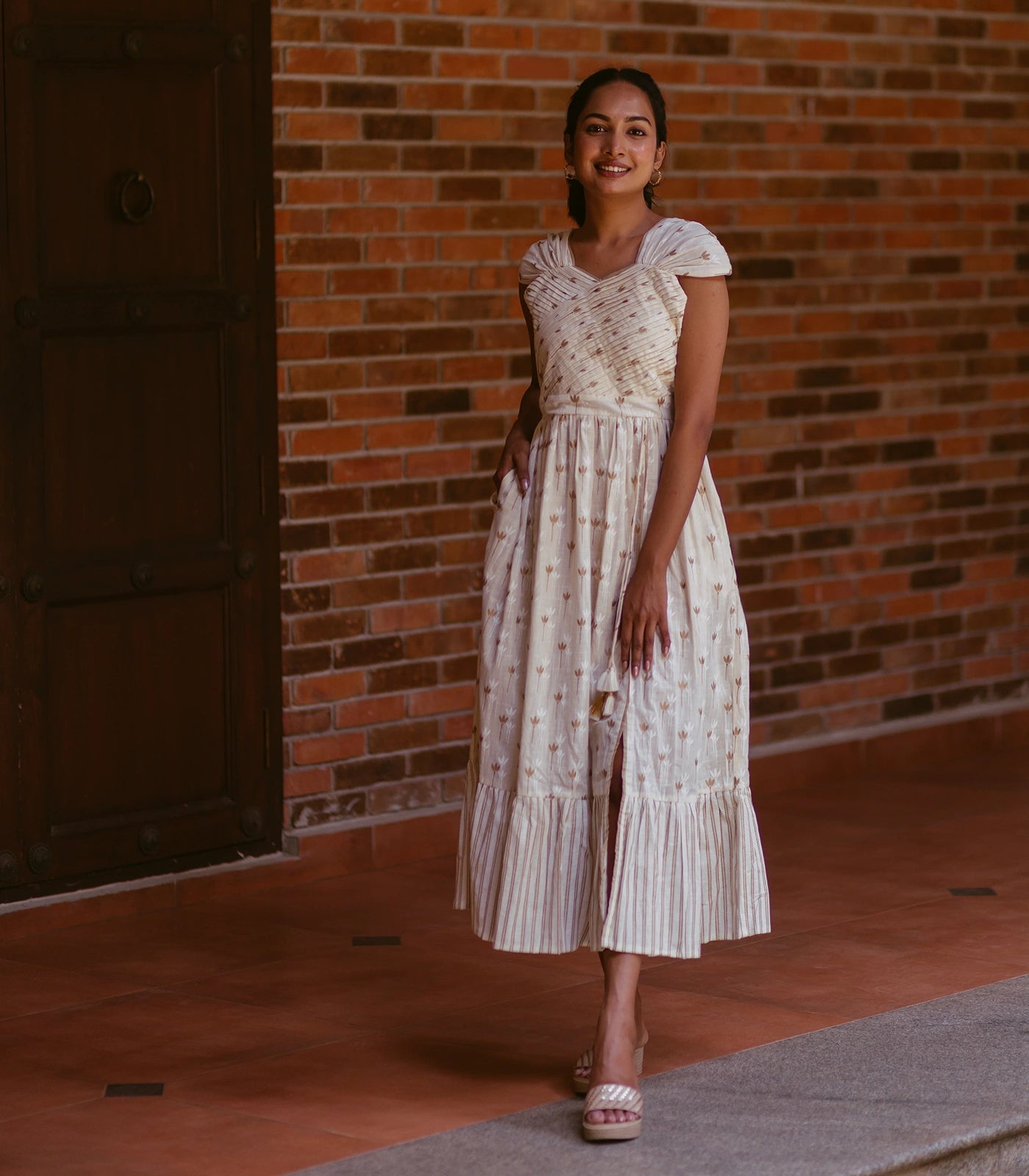 Summer Cream Dress With Gold Floral Prints Summer Cream Dress With Gold Floral Prints