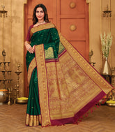 Dark Green Handloom Silk Saree With Gandaberunda Corner Buttas-KA15775